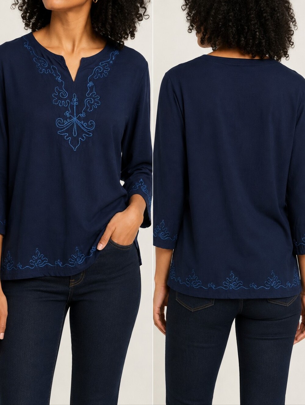 Navy Blue Embroidered 3/4 Sleeve Split Neck Boho Peasant Blouse.